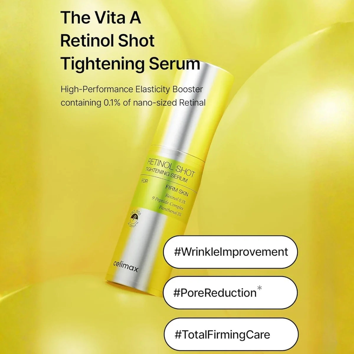 Celimax THE VITA-A Retinol Shot Tightening Serum product shot showcasing an advanced retinol formula for visibly refined and resilient skin.