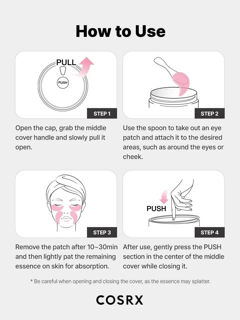 COSRX The Peptide Collagen Hydrogel Eye Patch — how to use: apply under the eyes for 20–30 minutes, then pat in