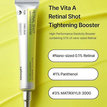 Premium Korean skincare treatment, Celimax THE VITA-A Retinal Shot Tightening Booster, designed to improve skin texture and resilience.