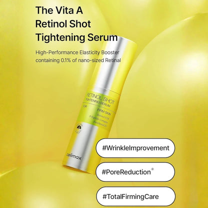 Celimax THE VITA-A Retinol Shot Tightening Serum product shot showcasing an advanced retinol formula for visibly refined and resilient skin.