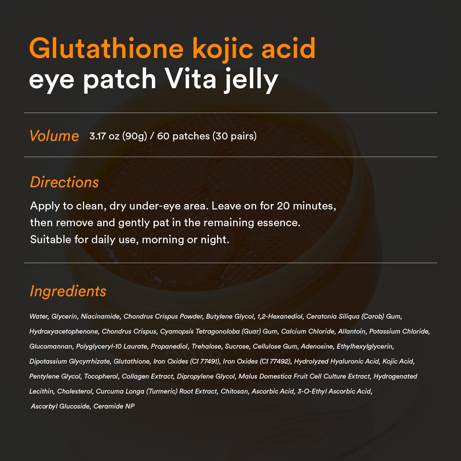Abib Glutathione Kojic Acid Eye Patch Vita Jelly - Multi-Area Use on Under-Eyes, Cheeks & Forehead