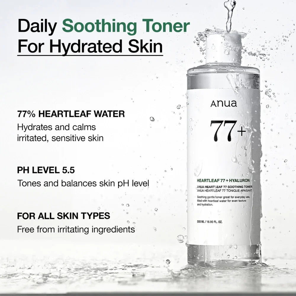 ANUA Heartleaf 77% Soothing Toner — fragrance-free, low-irritation formula for daily use