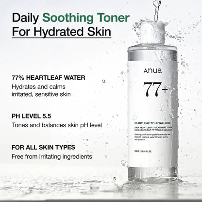 ANUA Heartleaf 77% Soothing Toner — fragrance-free, low-irritation formula for daily use