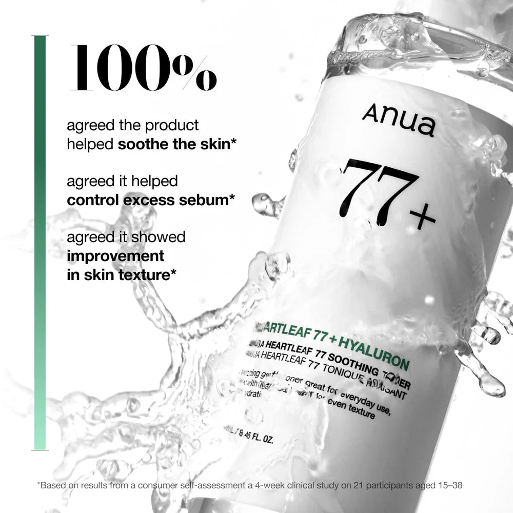 ANUA Heartleaf 77% Soothing Toner — watery, lightweight texture delivers lasting hydration