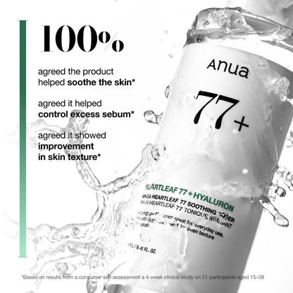 ANUA Heartleaf 77% Soothing Toner — watery, lightweight texture delivers lasting hydration