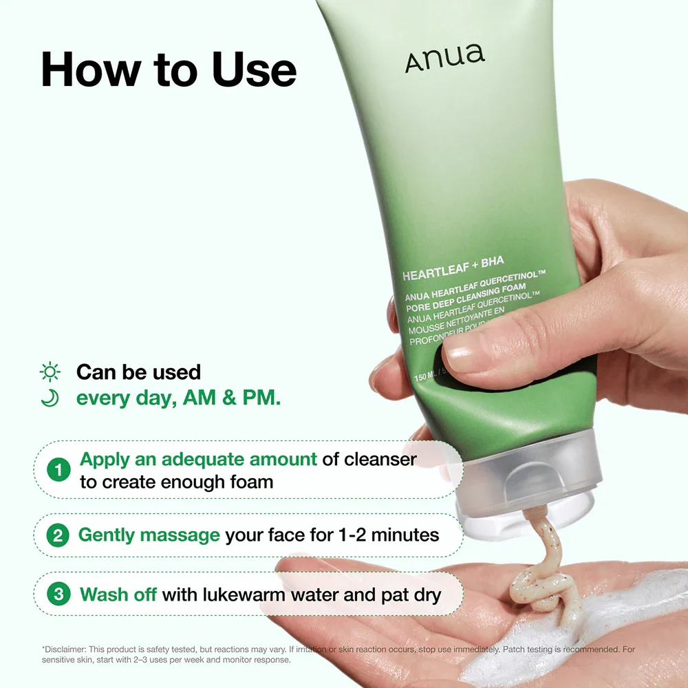 ANUA Heartleaf Quercetinol Pore Deep Cleansing Foam — gentle enough for daily morning and night cleansing