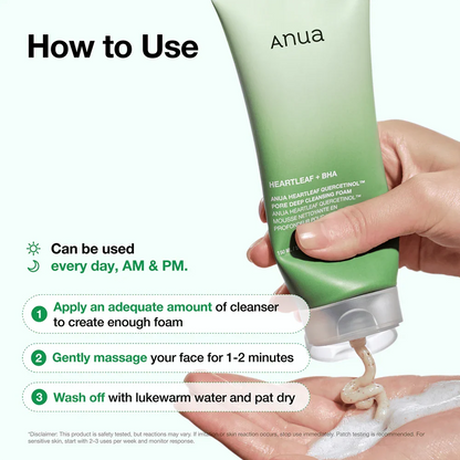 ANUA Heartleaf Quercetinol Pore Deep Cleansing Foam — gentle enough for daily morning and night cleansing