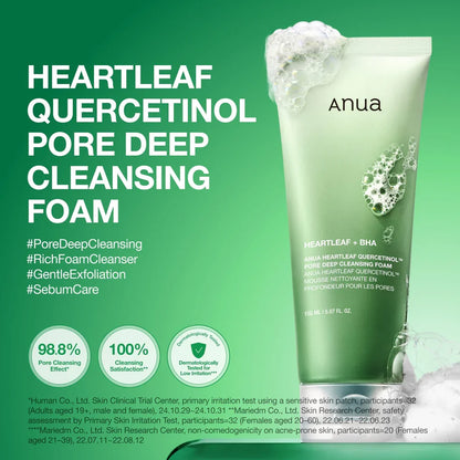 ANUA Heartleaf Quercetinol Pore Deep Cleansing Foam — whips into a rich, dense foam for a gentle cleanse