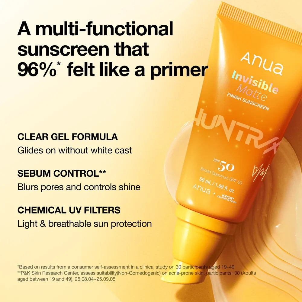ANUA Invisible Matte Finish Sunscreen — lightweight texture absorbs quickly, never heavy