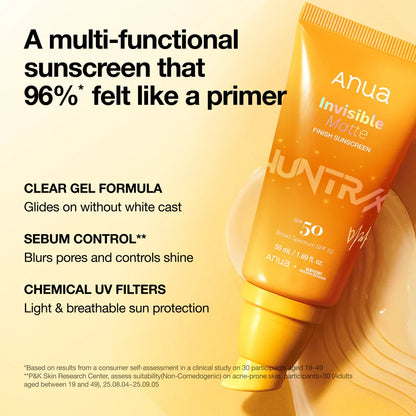 ANUA Invisible Matte Finish Sunscreen — lightweight texture absorbs quickly, never heavy