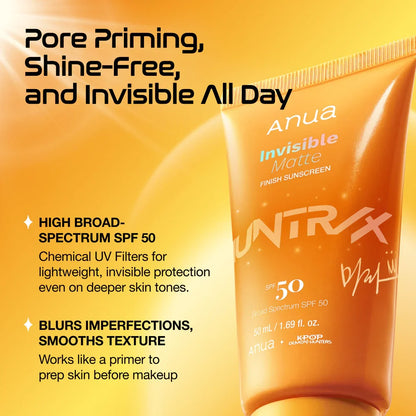 ANUA Invisible Matte Finish Sunscreen — leaves a smooth, shine-free matte finish