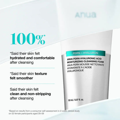 ANUA PDRN Hyaluronic Acid Moisturizing Cleansing Foam — cleanses without stripping, leaving skin soft and hydrated