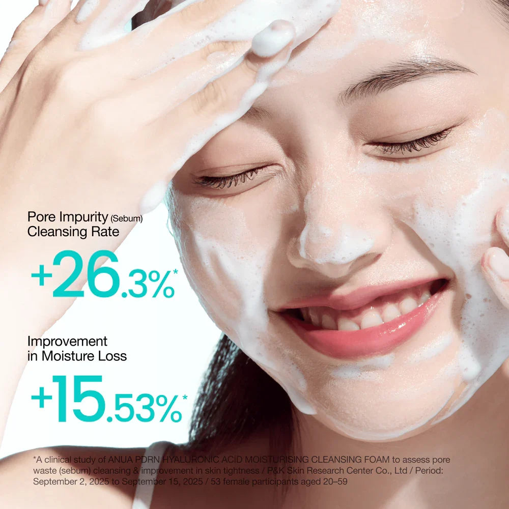 ANUA PDRN Hyaluronic Acid Moisturizing Cleansing Foam — whips into a rich, creamy foam for a gentle cleanse