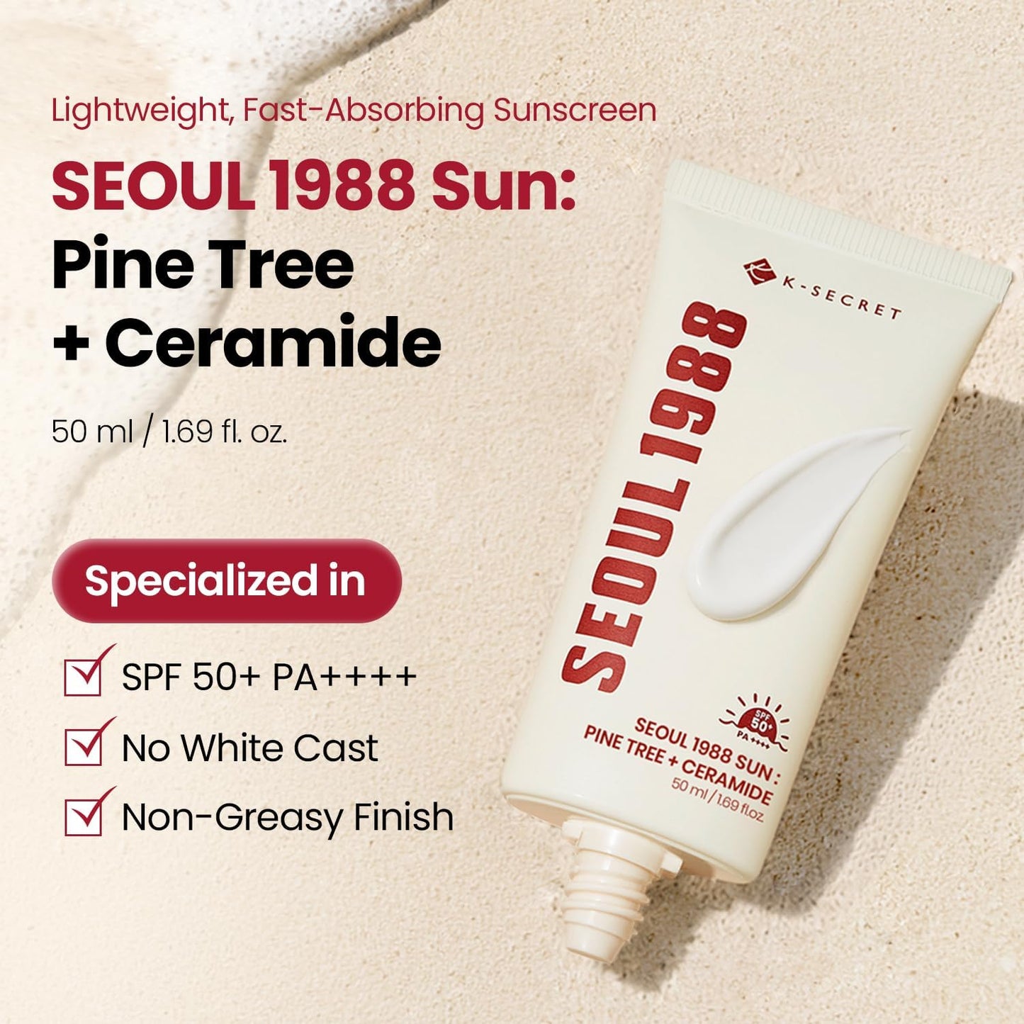 K-SECRET Seoul 1988 Sun Pine Tree + Ceramide — broad-spectrum SPF shields skin from UV rays