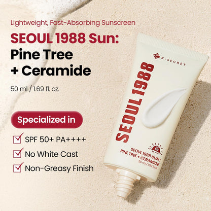 K-SECRET Seoul 1988 Sun Pine Tree + Ceramide — broad-spectrum SPF shields skin from UV rays