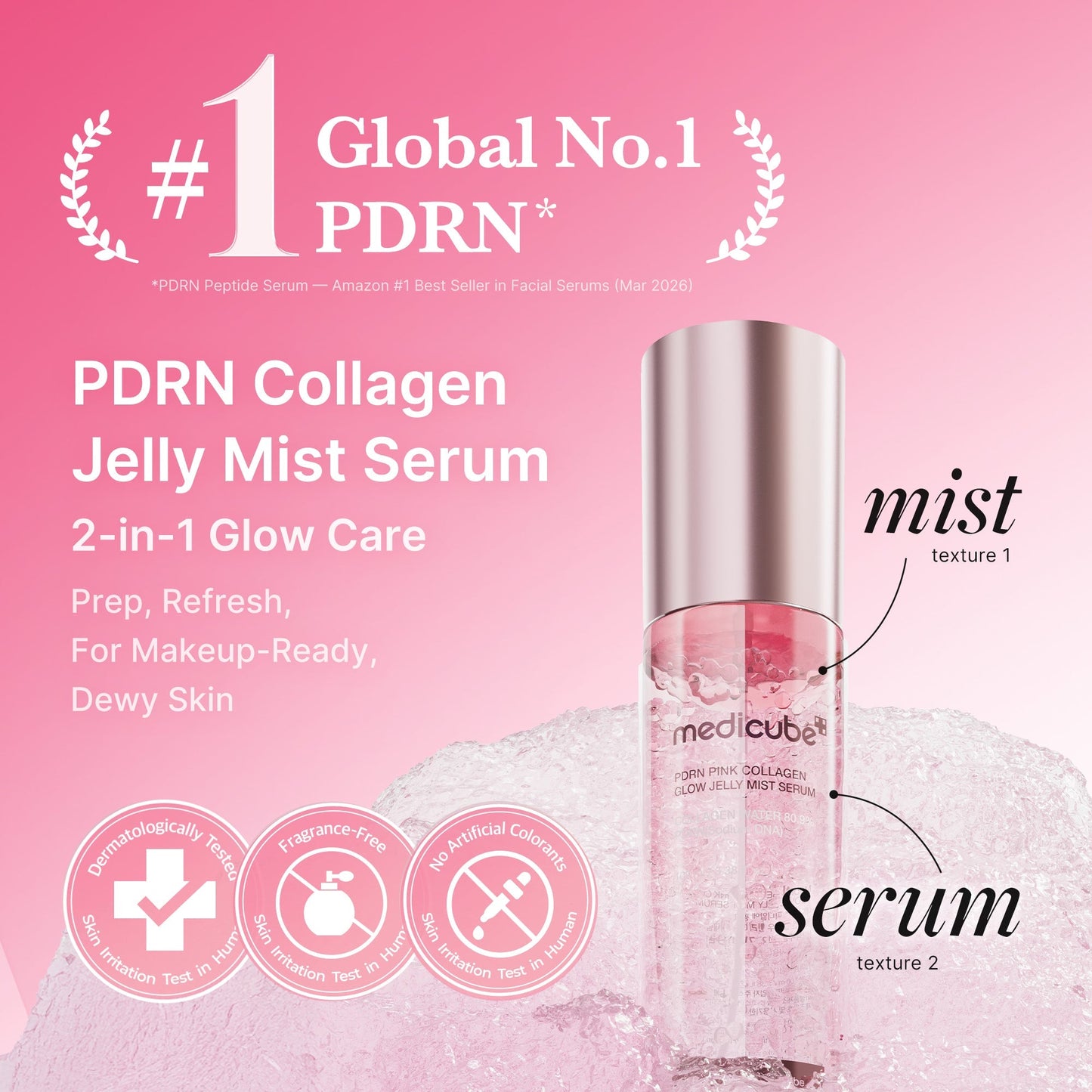 Dual-texture jelly mist enriched with 99% purity salmon PDRN and collagen for a dewy glow
