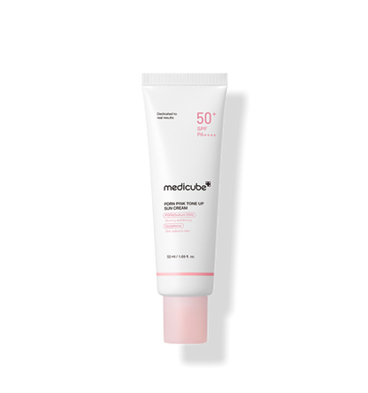 Medicube PDRN Pink Tone-Up Sun Cream 50ml, a lightweight tone-up sunscreen with a natural peachy glow