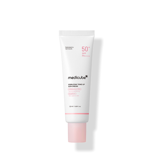 Medicube PDRN Pink Tone-Up Sun Cream 50ml, a lightweight tone-up sunscreen with a natural peachy glow