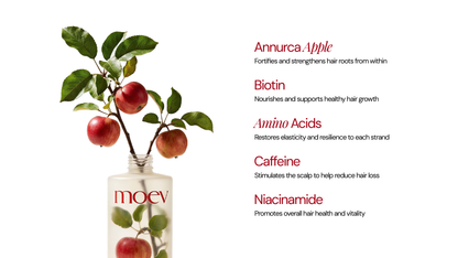 Moev Annurcatin Shampoo key ingredients: Annurca apple, biotin, caffeine and niacinamide